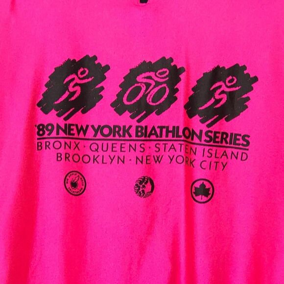 Vintage Mens Sz XL Cycling Jersey 1989 NYC Biathlon Series Big Apple Pink Yellow - Picture 5 of 8